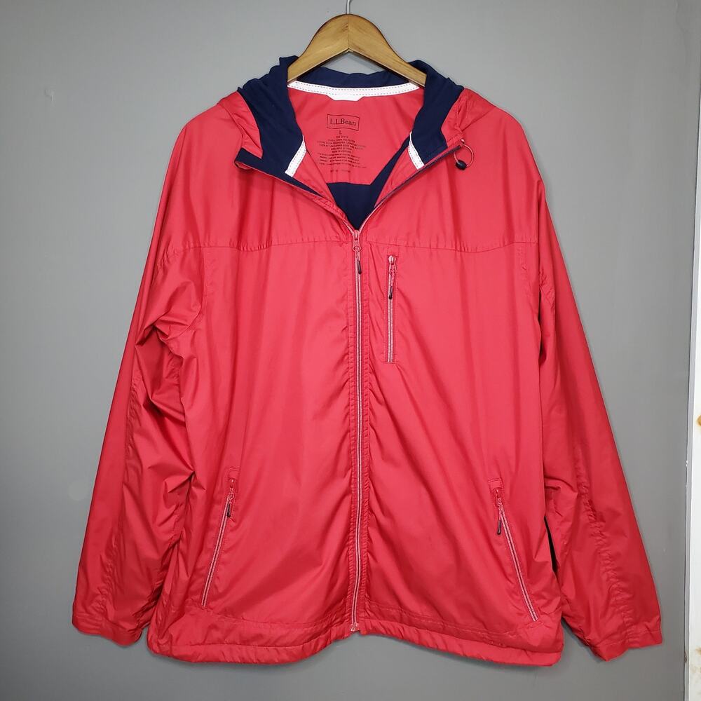 LL Bean Mens Windbreaker Jacket Red Navy Blue Hooded Full Zip Large OHYV2